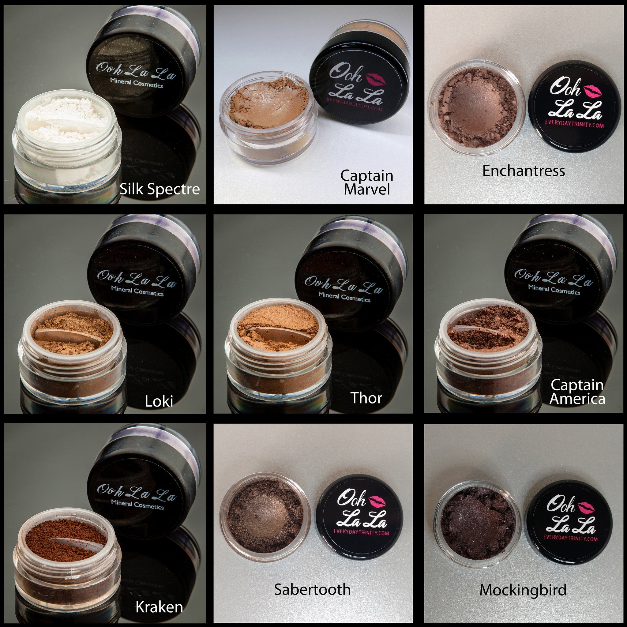 Close-up of mineral eye shadow powder in a small glass jar showing rich pigmentation and smooth texture