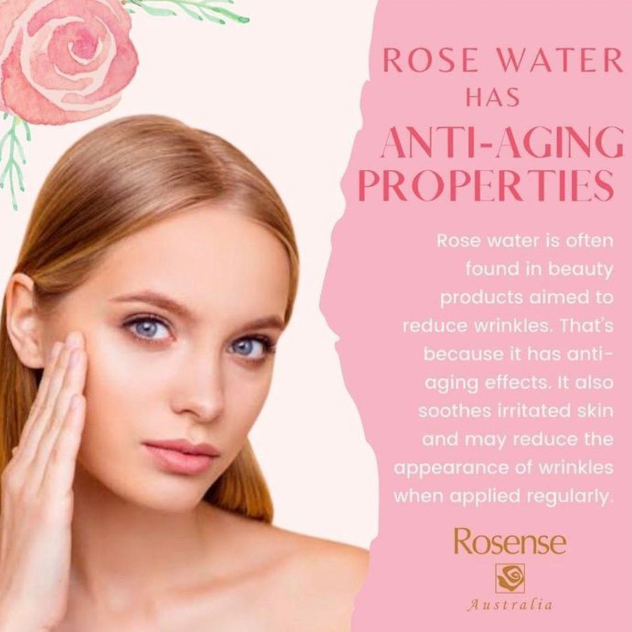 Rose water advertisement with woman touching face, pink background, and Rosense text