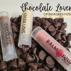 Lip balm variety pack with clear tubes, chocolate chips, and Balm Squad logo