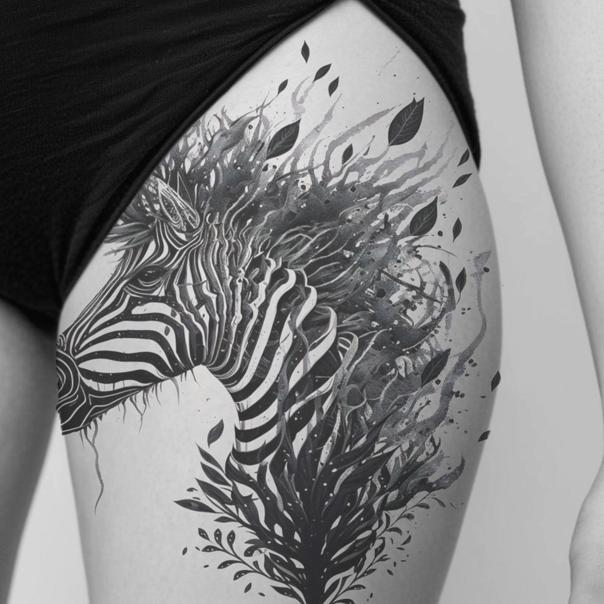 Side view of zebra tattoo stencil showing intricate black stripes on transparent background for skin application