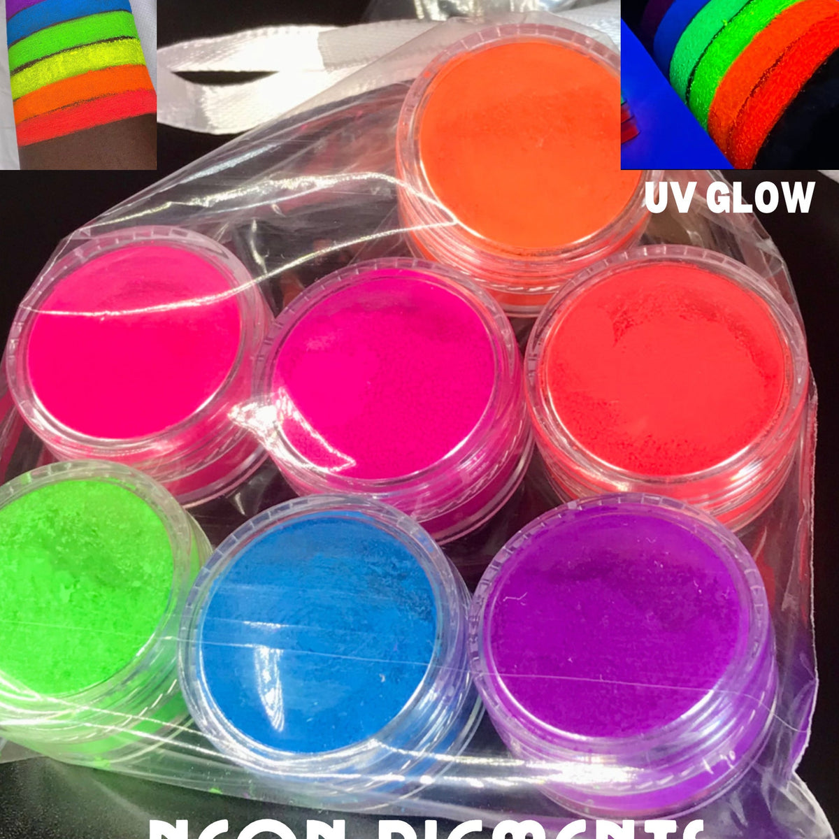 Seven vibrant neon matte eyeshadows in round pans with UV glow pigments, arranged in a gift set