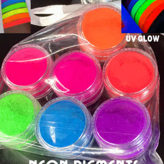 Seven vibrant neon matte eyeshadows in round pans with UV glow pigments, arranged in a gift set