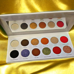 Boudica Eye Shadow Palette featuring 12 vibrant matte and shimmer shades in a sleek black compact