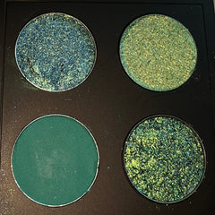 Lush Green Eyeshadow Palette featuring four vibrant matte and shimmer shades in emerald, moss, lime, and sage
