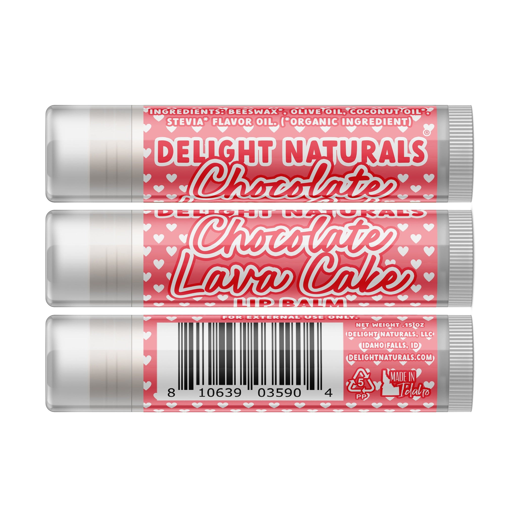 Lip balm with red and white patterned label, Delight Naturals brand, and white tube