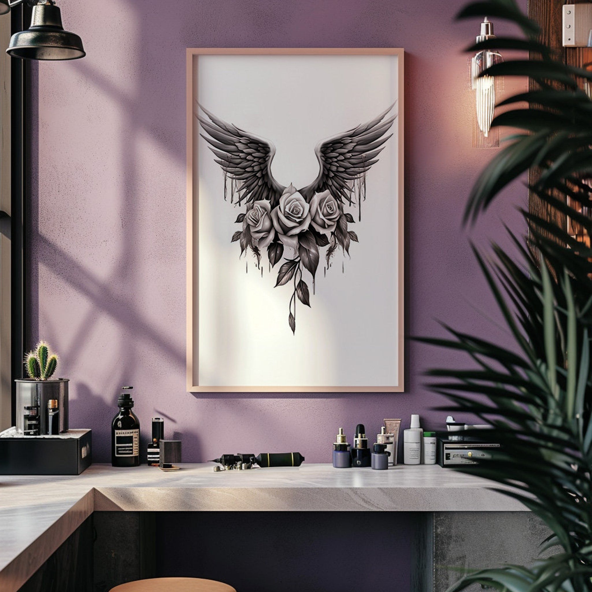 Detailed close-up of Roses  Wings Tattoo Art - High-Res PNGSVG for Skin-Safe Stencils