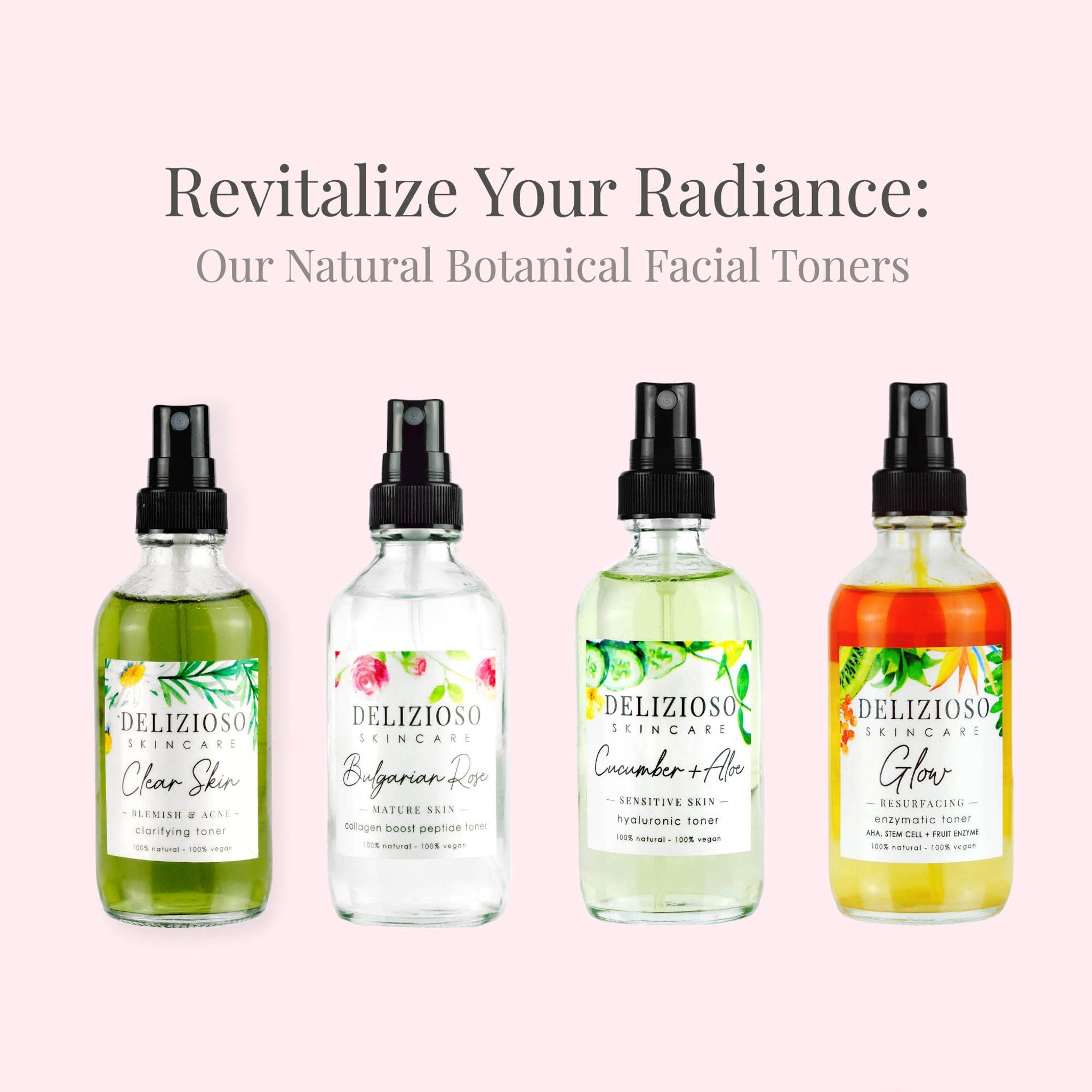 Facial toners with clear glass bottles, black spray tops, and DELIZIOSO labels for skincare