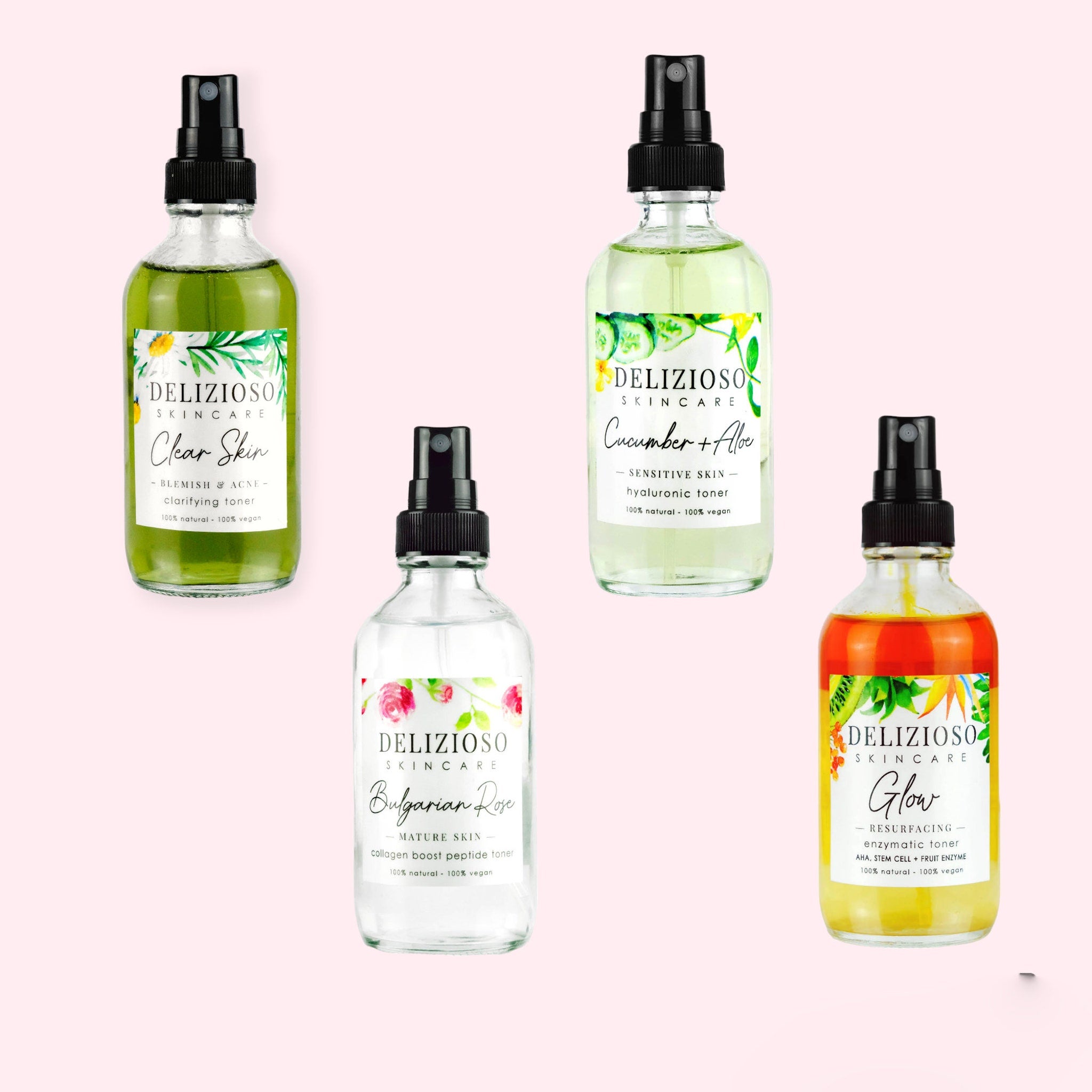Toner bottles with black spray tops, clear glass, and DELIZIOSO labels with text and illustrations