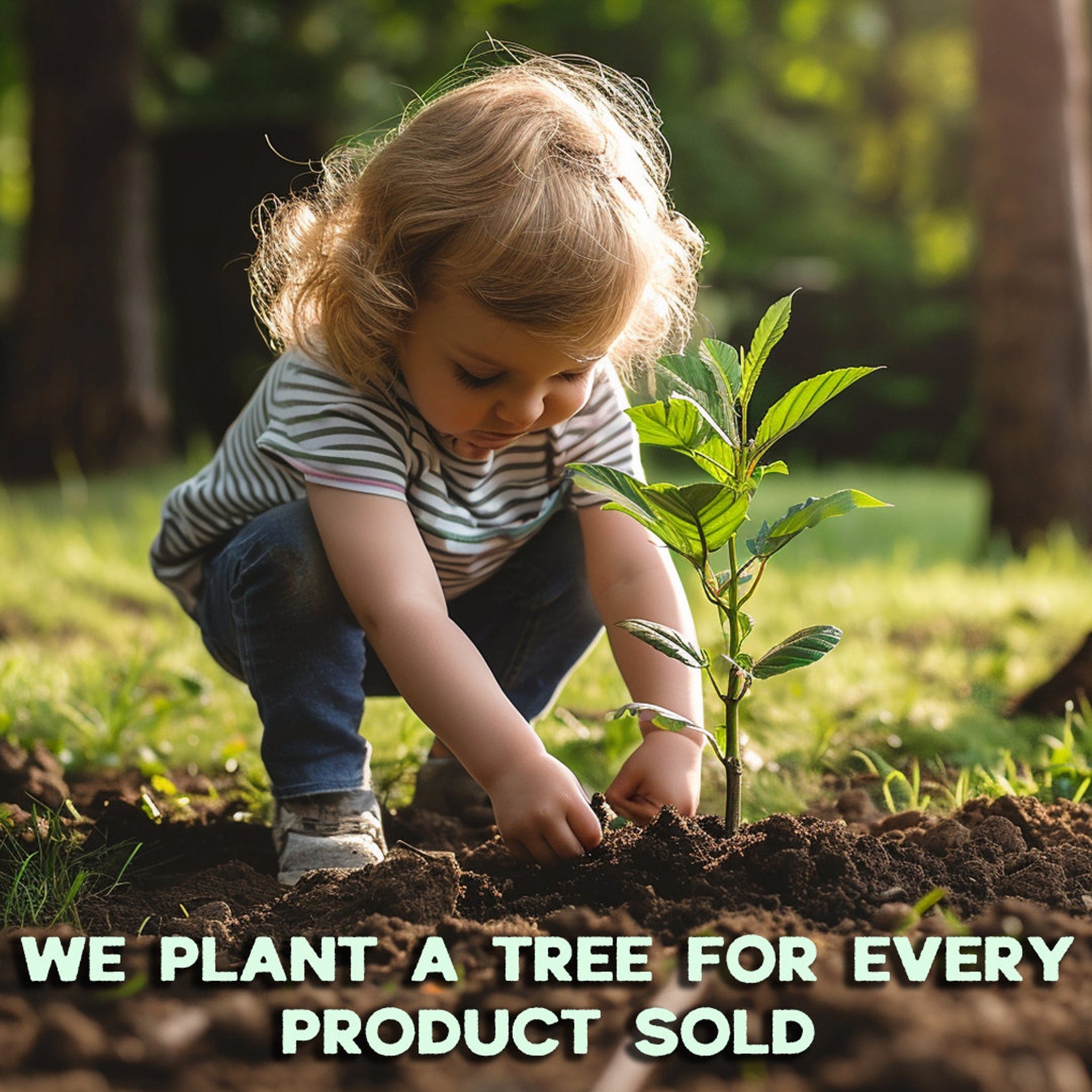 Child planting tree in green and white striped shirt and blue jeans, text "We plant a tree