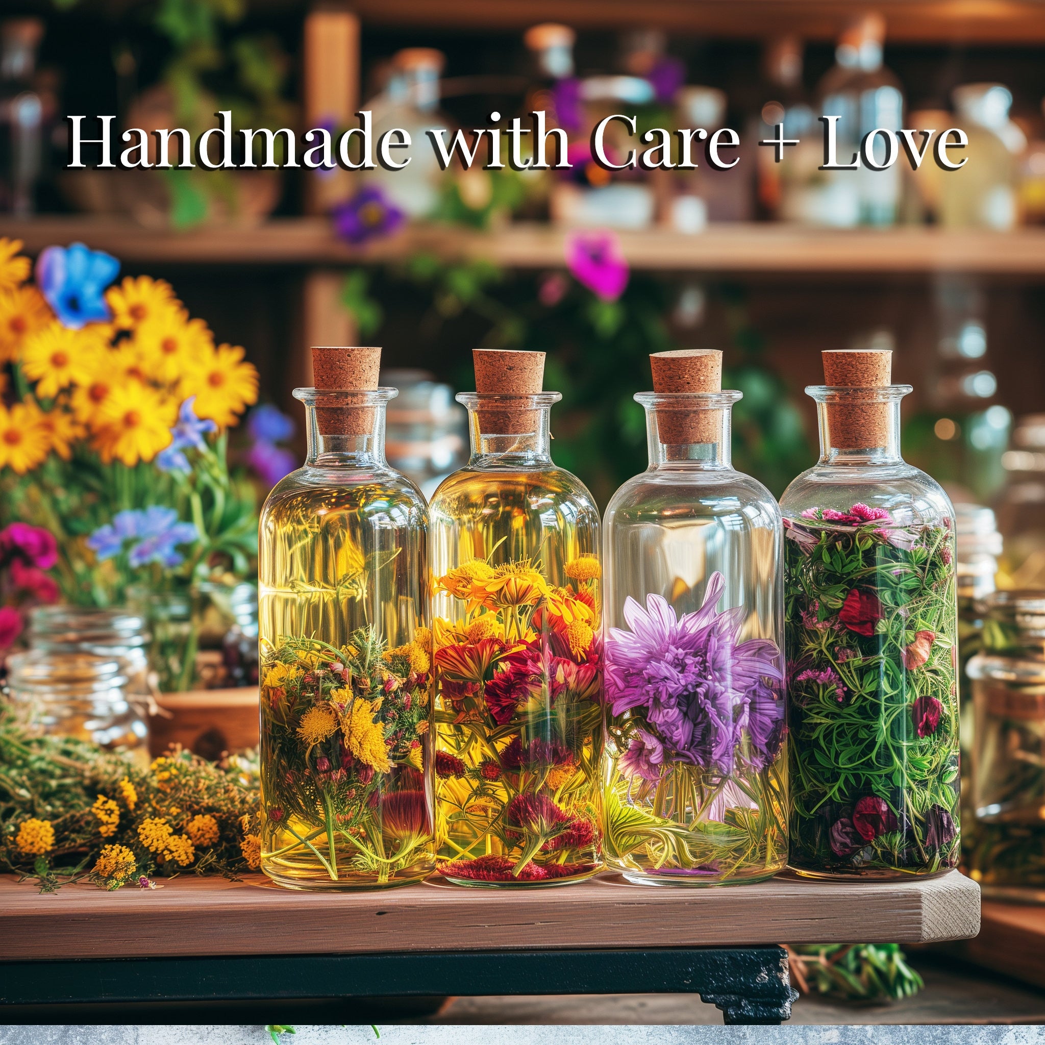 Bottled floral arrangements with cork stoppers, clear glass, and colorful flowers inside bottles