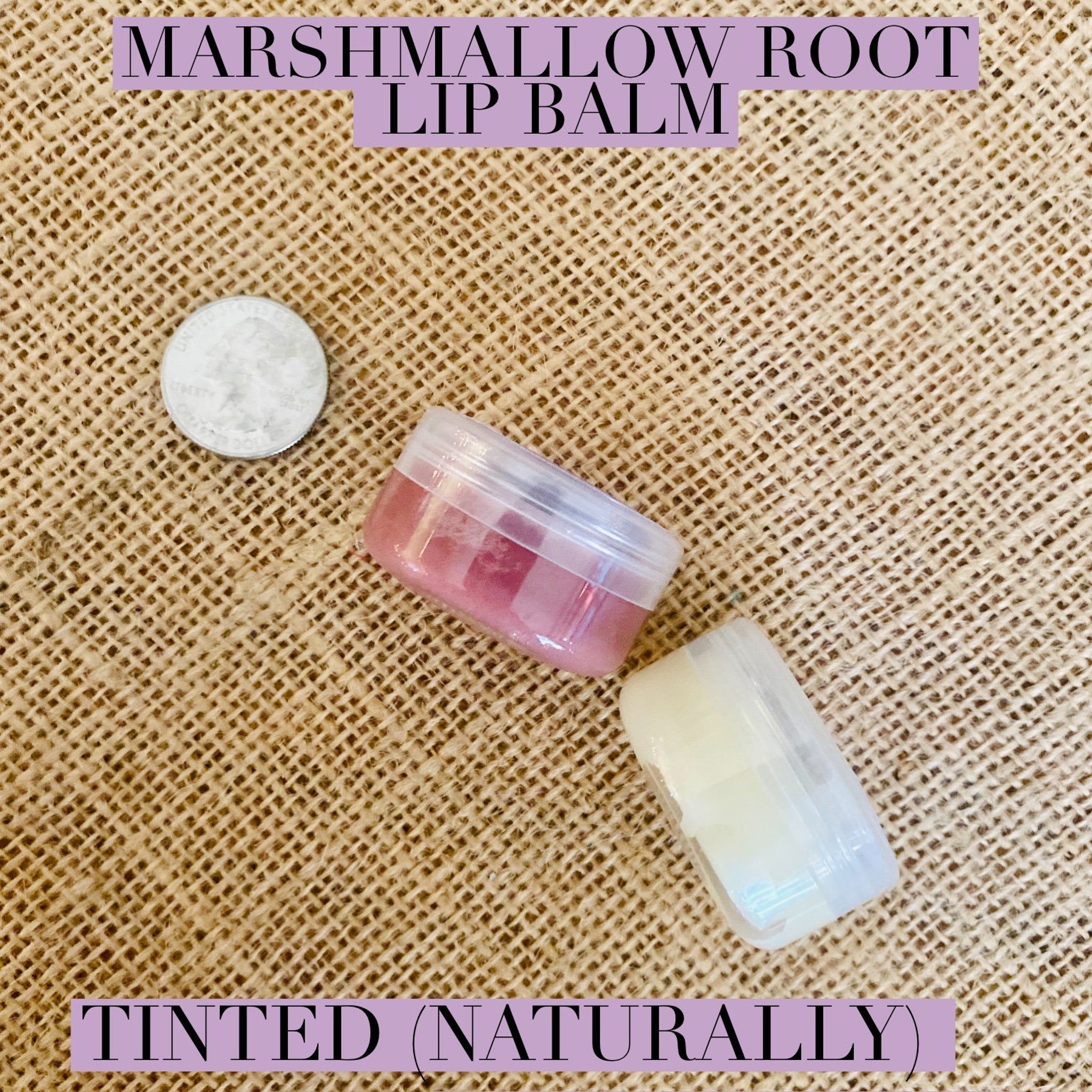 Lip balm in clear plastic containers, pink and white tinted, on burlap background