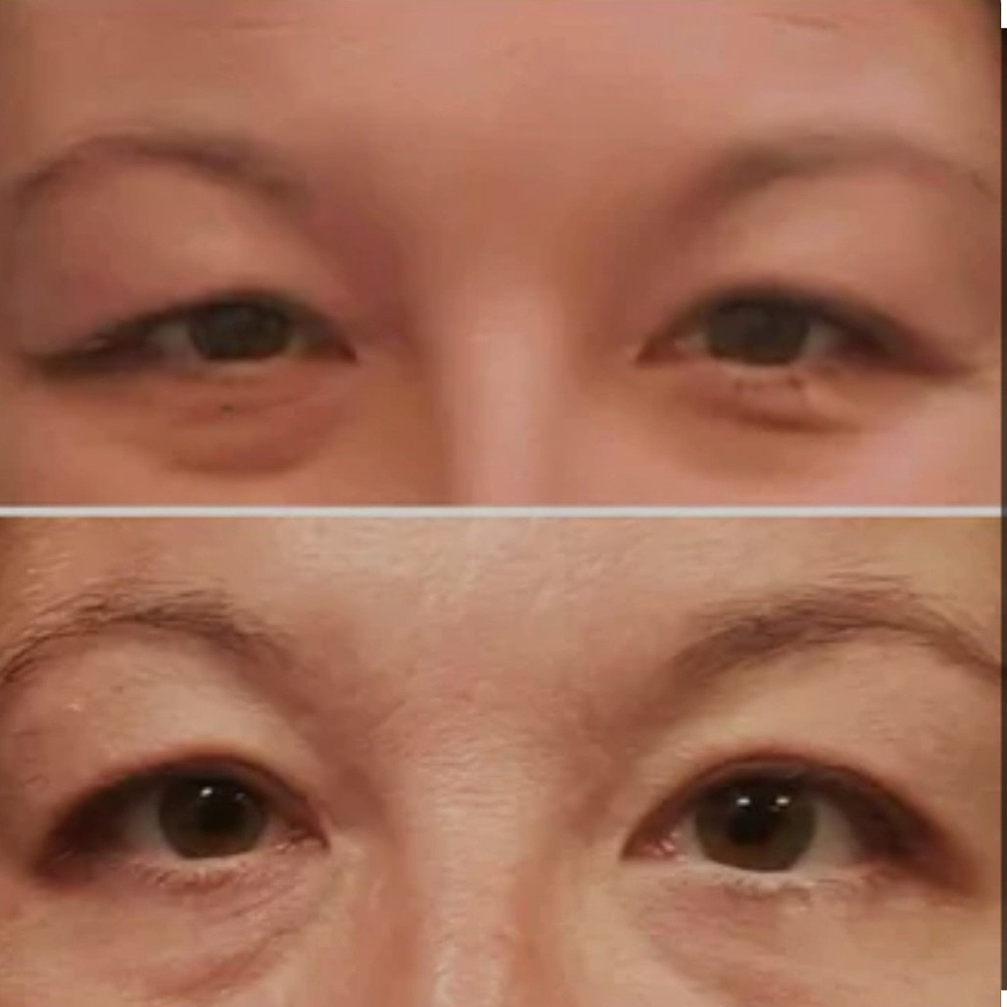 Eyes before and after, showing brown eyes, skin tone, and eyebrow shape comparison