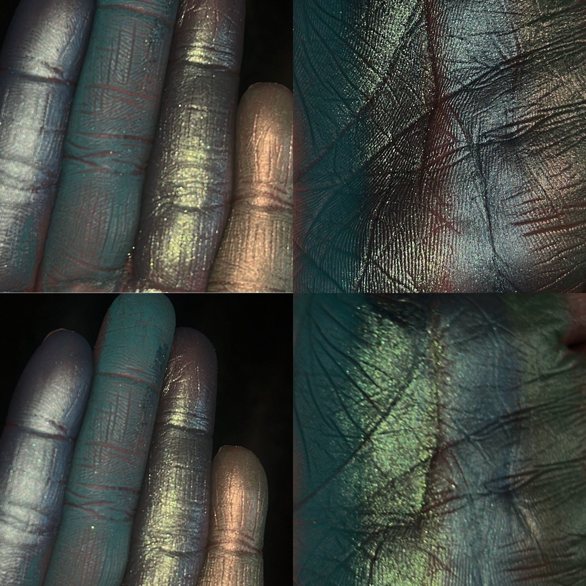 Side view of lush green eyeshadow palette showcasing matte and shimmer shades in emerald, moss, and sage tones
