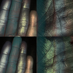 Side view of lush green eyeshadow palette showcasing matte and shimmer shades in emerald, moss, and sage tones