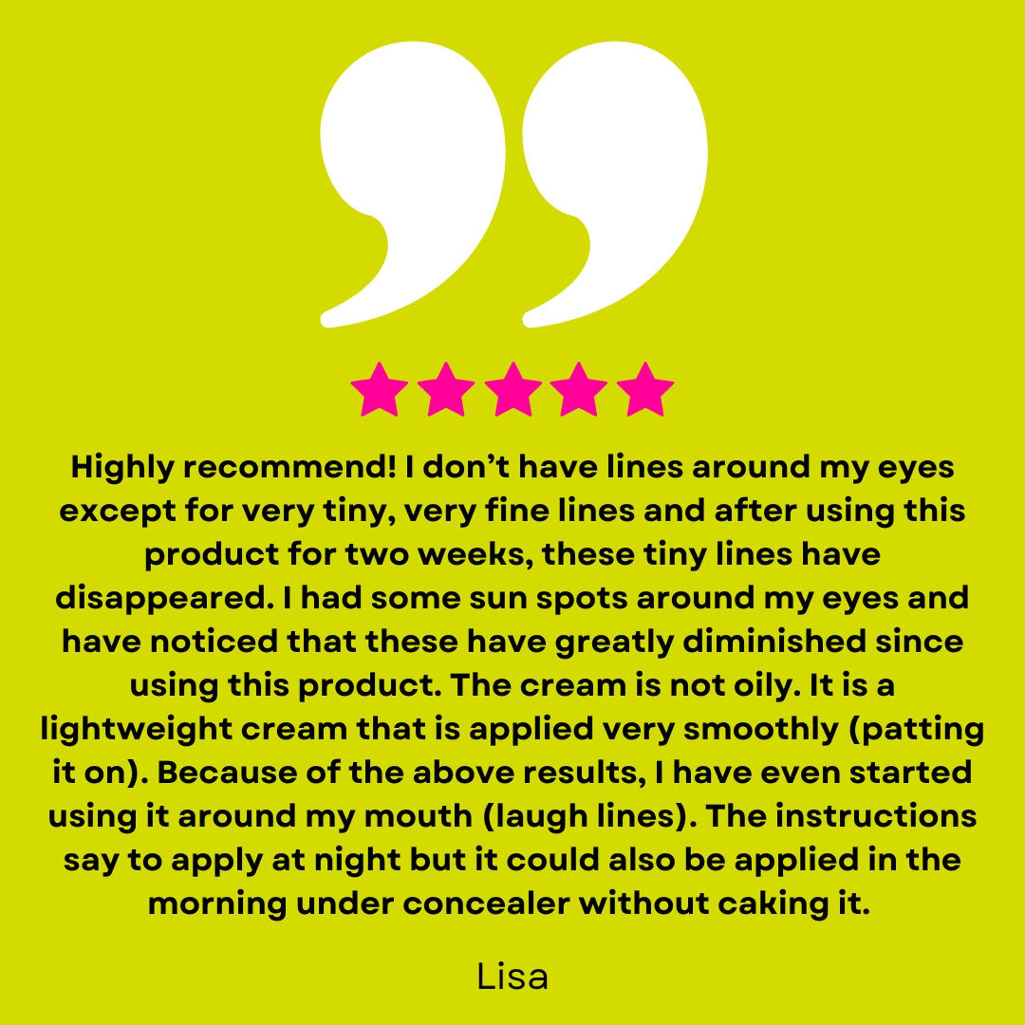 Customer review with white quotation marks, pink stars, and yellow background, sharing a testimonial.