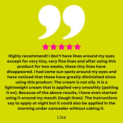 Customer review with white quotation marks, pink stars, and yellow background, sharing a testimonial.