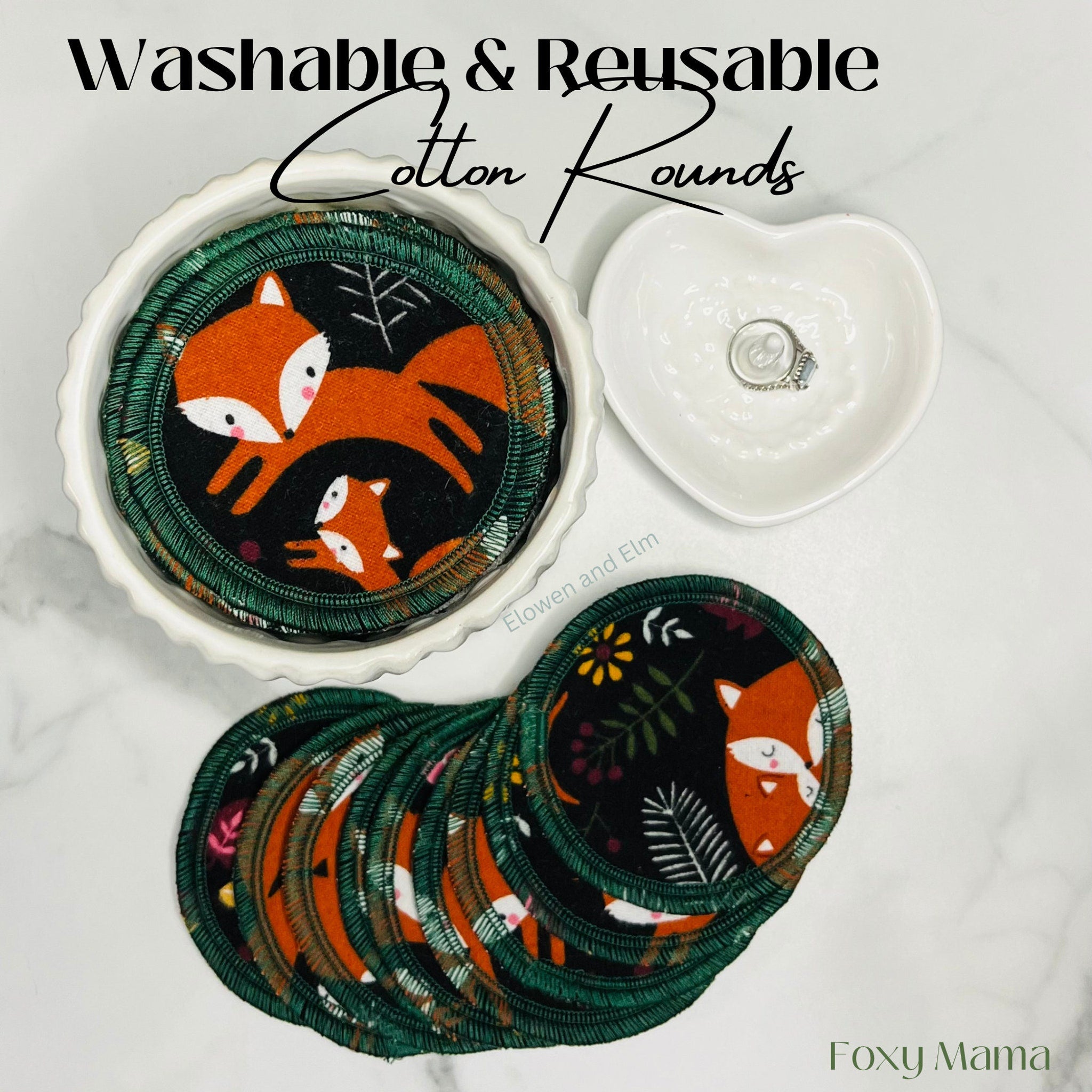 Cotton rounds with fox pattern, orange and black fabric, green trim, Foxy Mama brand visible