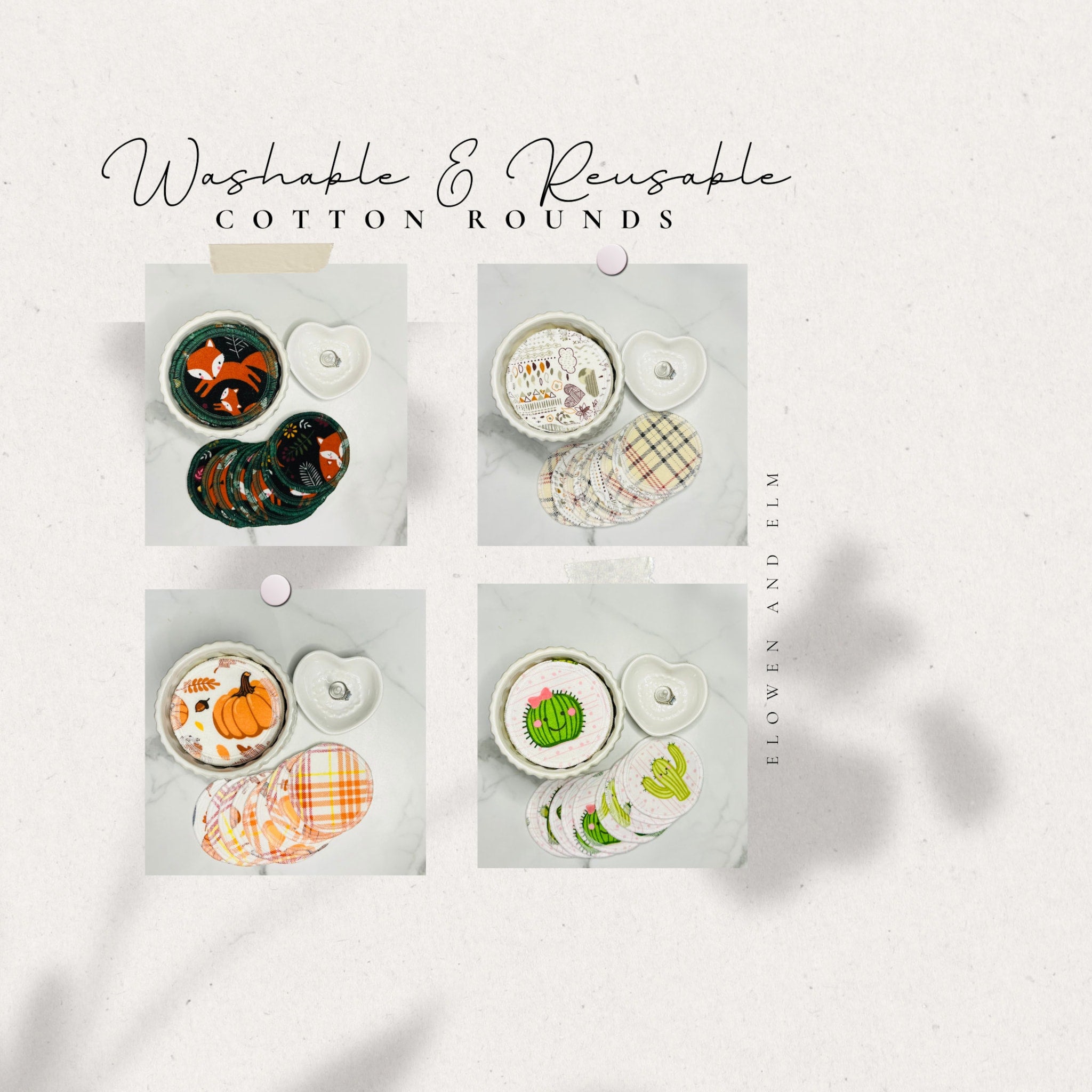 Washable cotton rounds with various patterns and colors, displayed in white bowls and heart-shaped dishes, by ELOWEN AND ELM