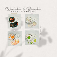 Washable cotton rounds with various patterns and colors, displayed in white bowls and heart-shaped dishes, by ELOWEN AND ELM