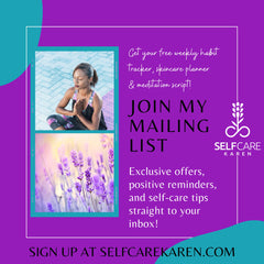 Self-care resources image with purple and teal border, lavender field, and SELFCARE KAREN logo