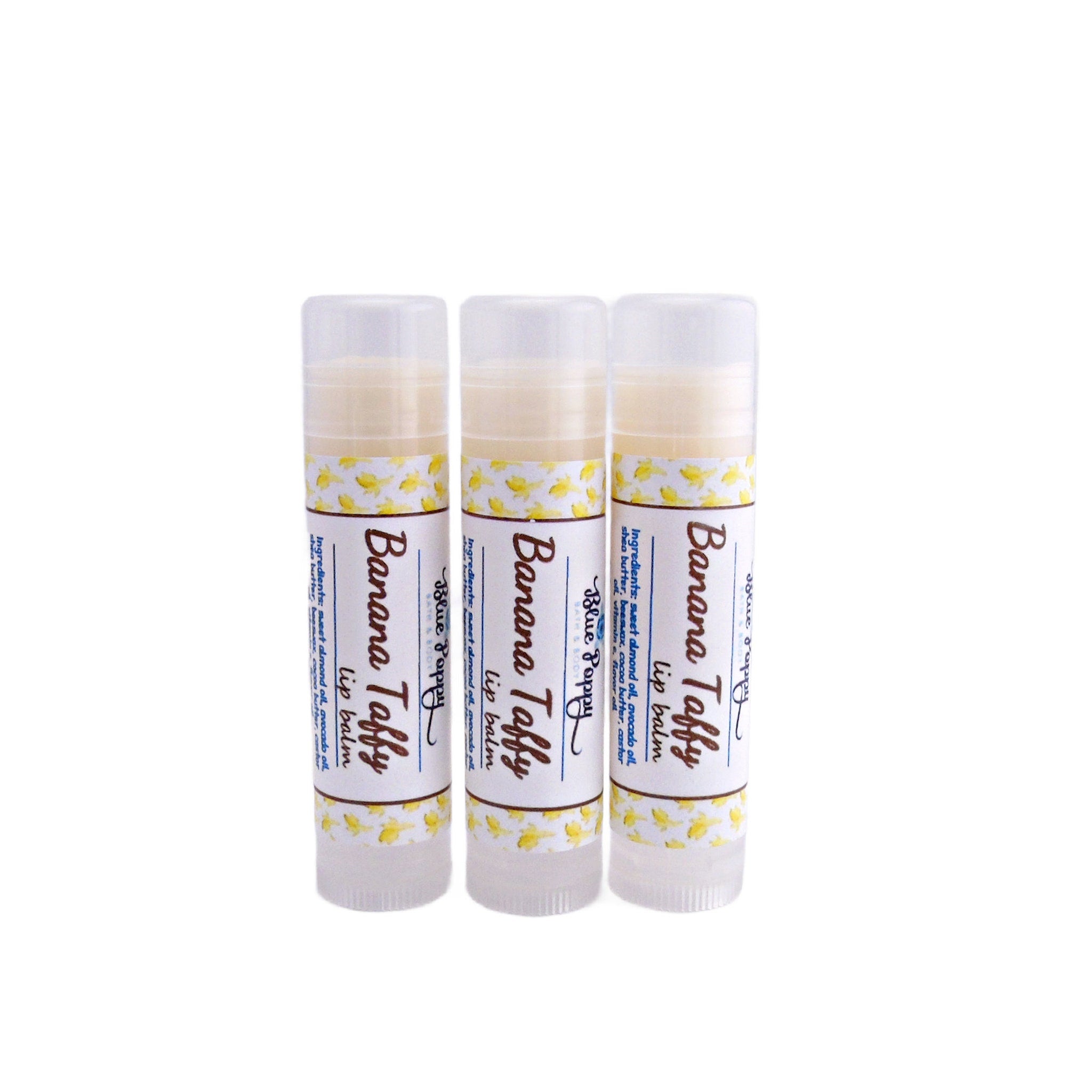 Lip balm tubes with white and yellow pattern, Banana Taffy lip balm by Blue Poppy brand