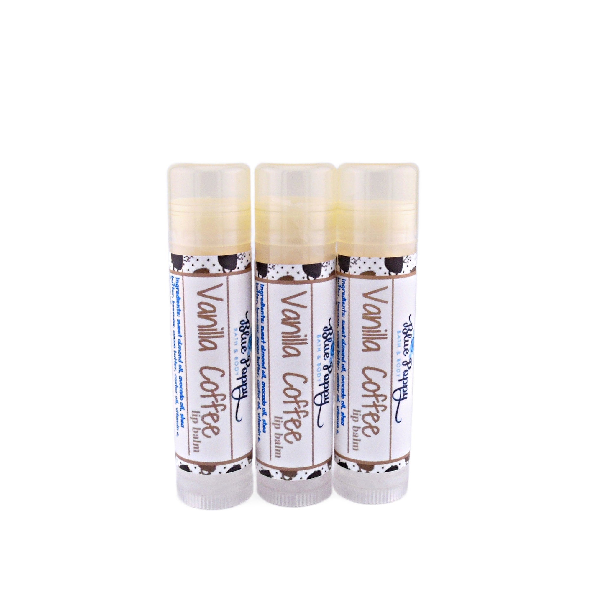 Lip balm tubes with white and brown labels, Blue Poppy branding, Vanilla Coffee text