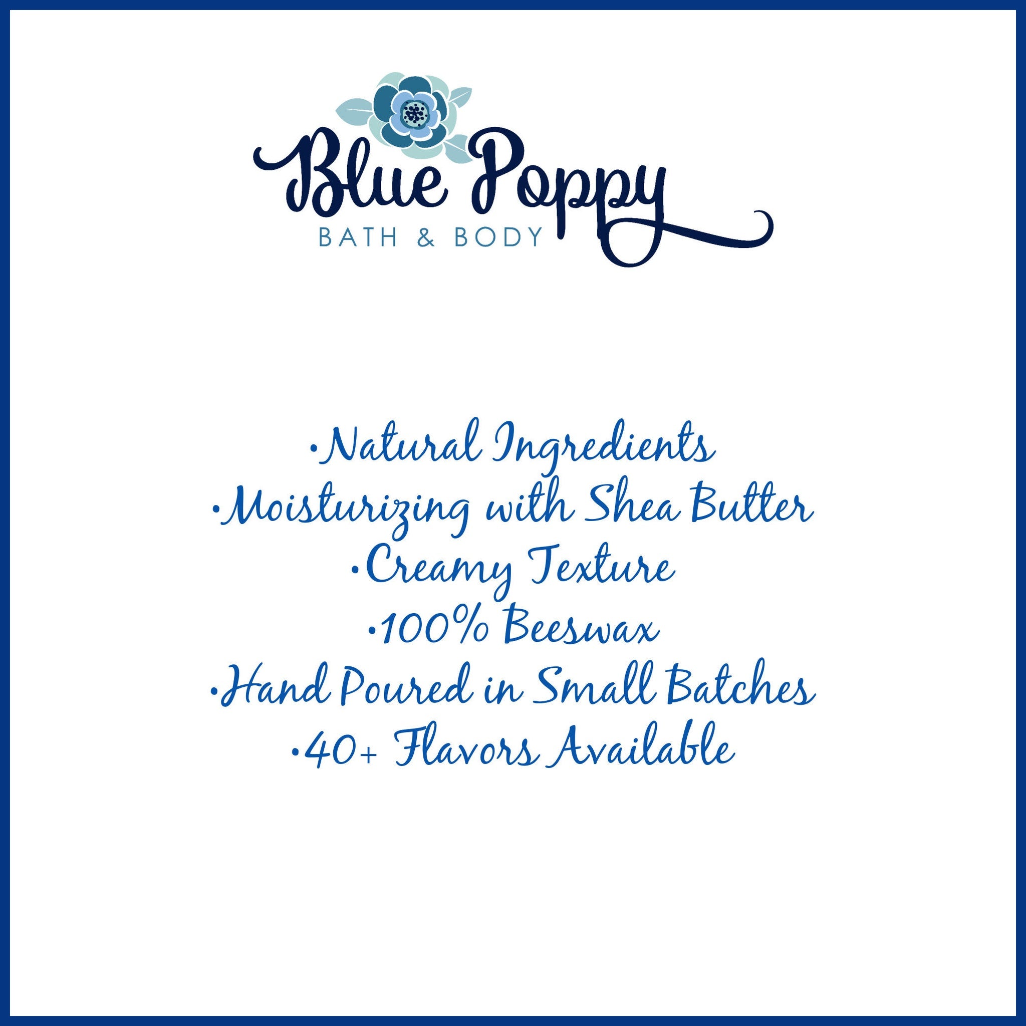 Blue Poppy logo with floral design, dark blue script, and white background