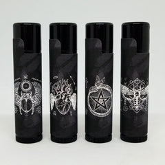 Lip balms, black tubes with white illustrations, gothic style design