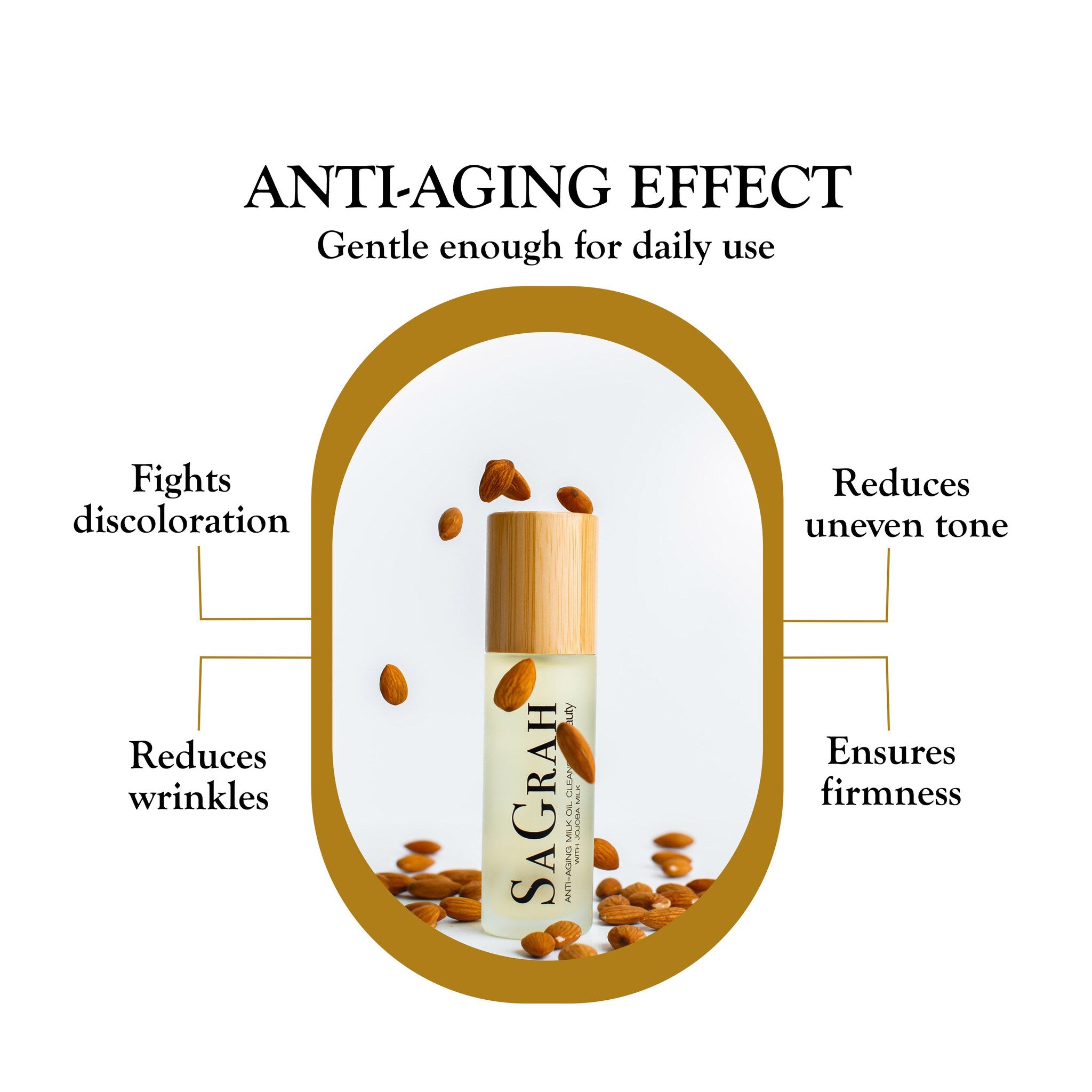 Anti-aging milk oil bottle with wooden cap, almonds, and "SAGRAH" brand name visible