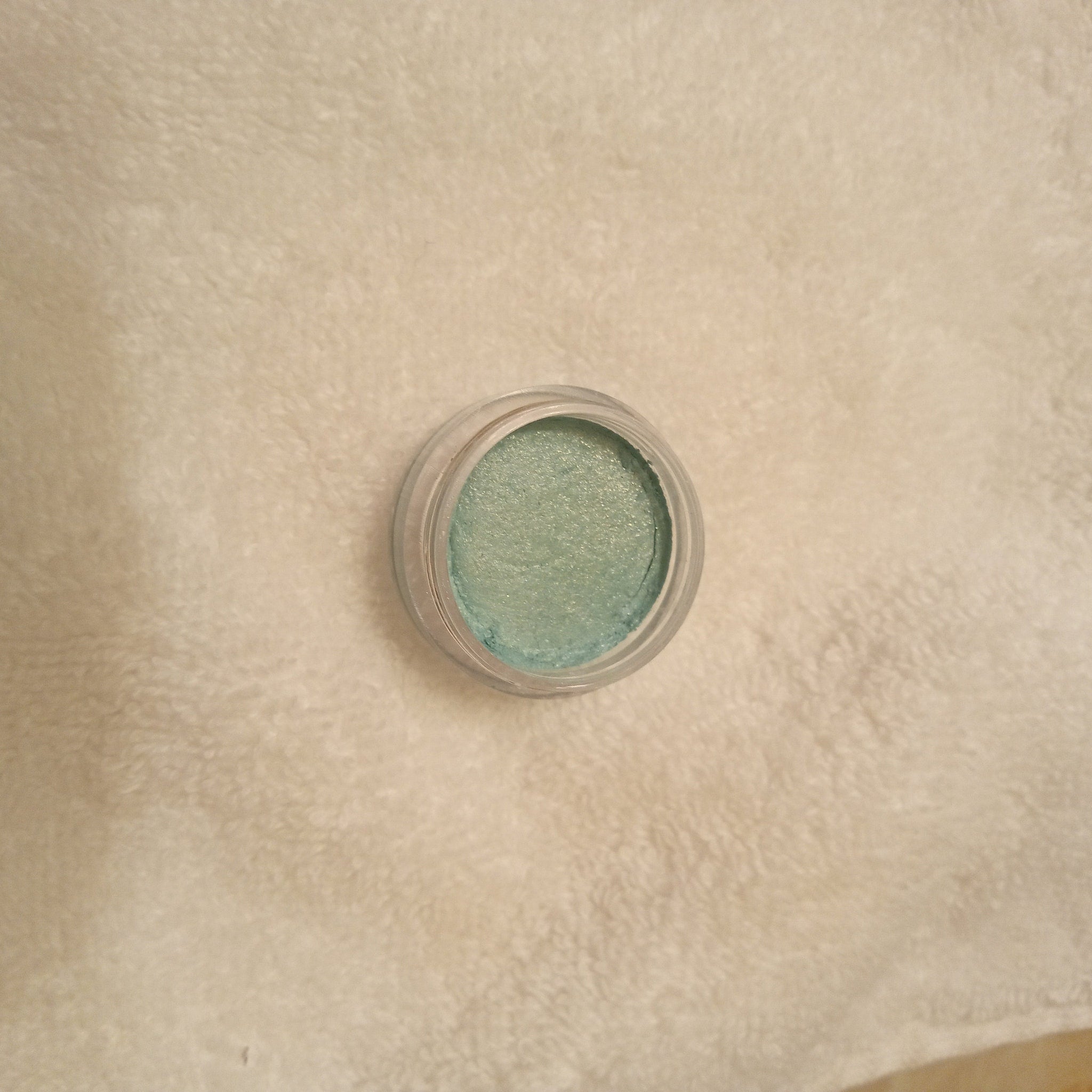 Close-up of pressed powder eye shadow pan showing smooth texture and rich pigment saturation