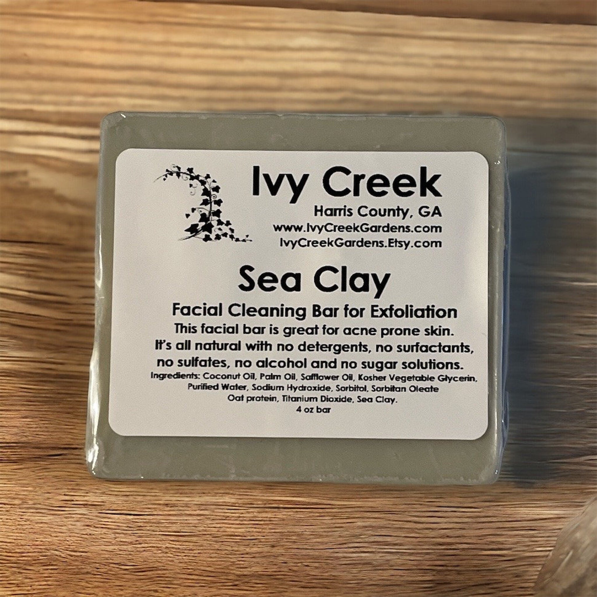 Sea Clay facial cleansing bar, green bar with white label, Ivy Creek brand name visible
