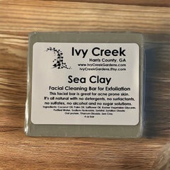 Sea Clay facial cleansing bar, green bar with white label, Ivy Creek brand name visible