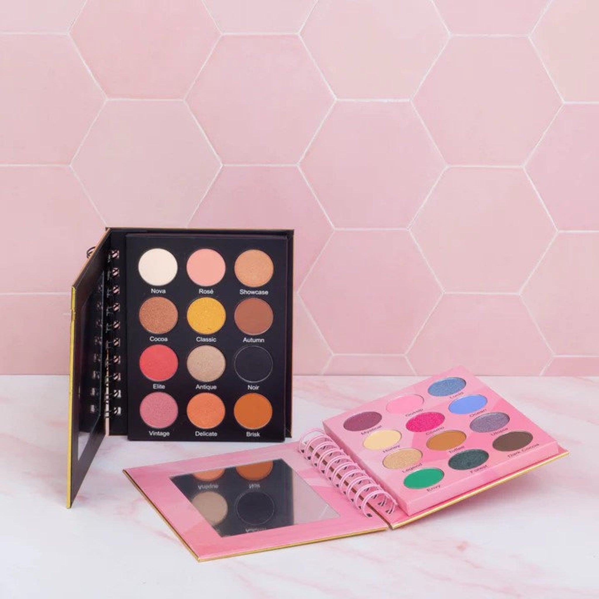 Side view of Lavish Beauty eyeshadow palette displaying 12 vibrant shades in sleek black compact