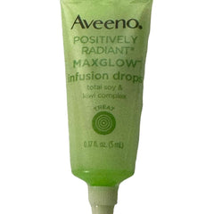 Infusion drops tube, green and white, Aveeno brand, with text and logo visible