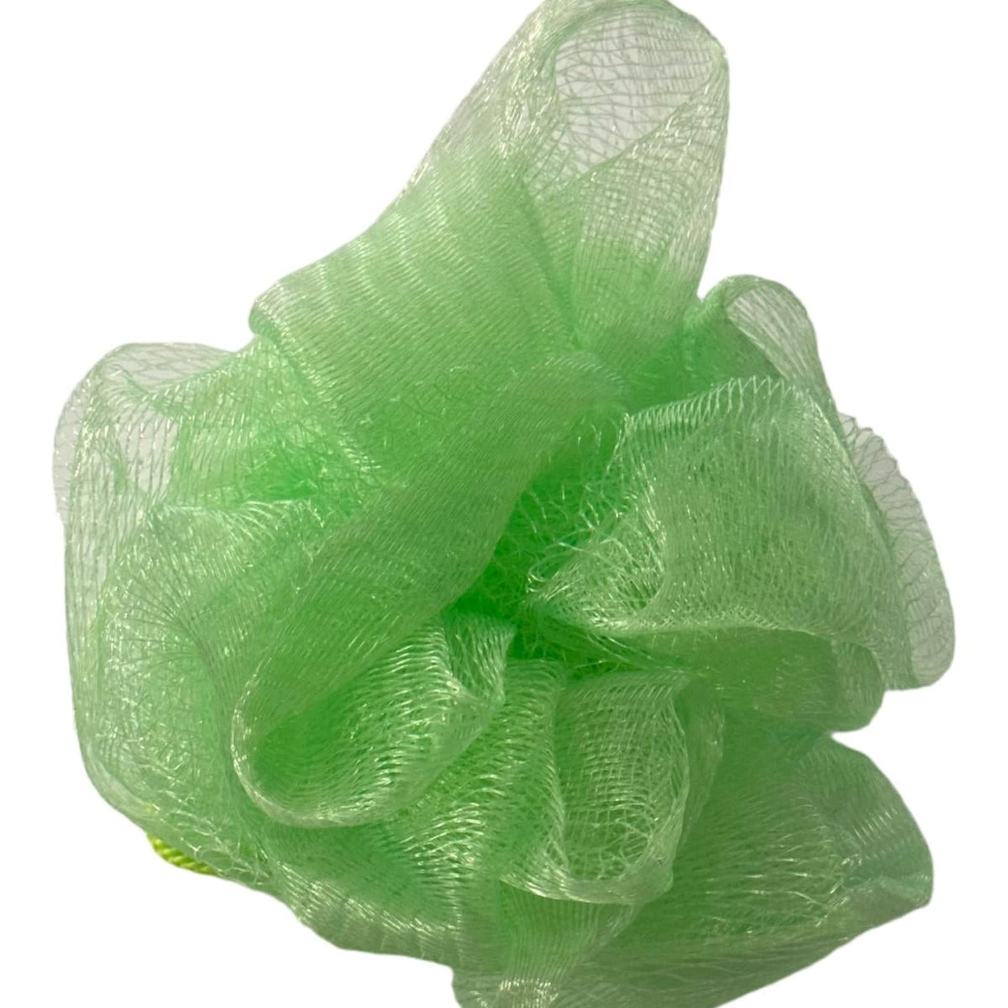 Loofah sponge, green mesh material, textured, knotted style