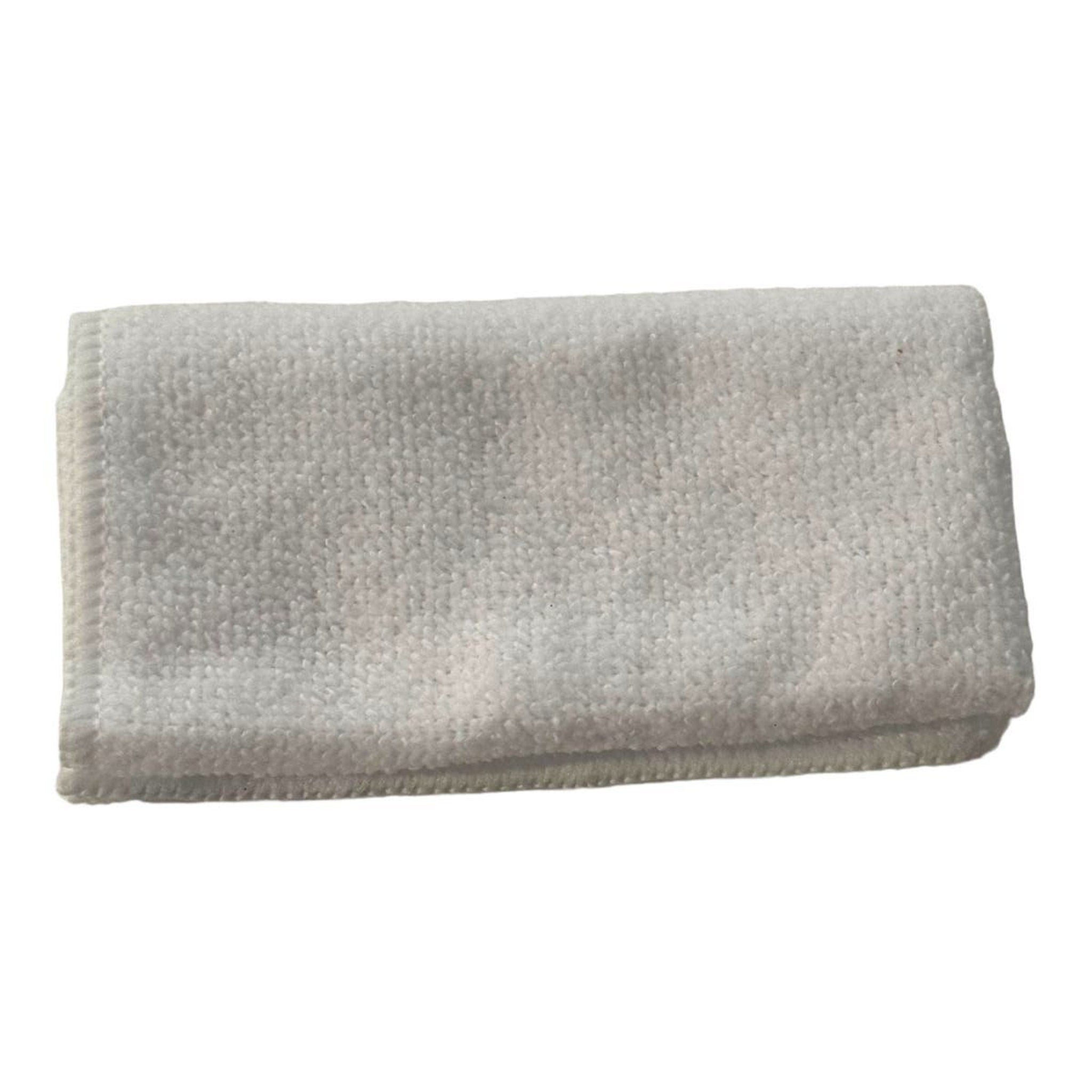 White microfiber cloth folded, showing textured surface and stitched edges