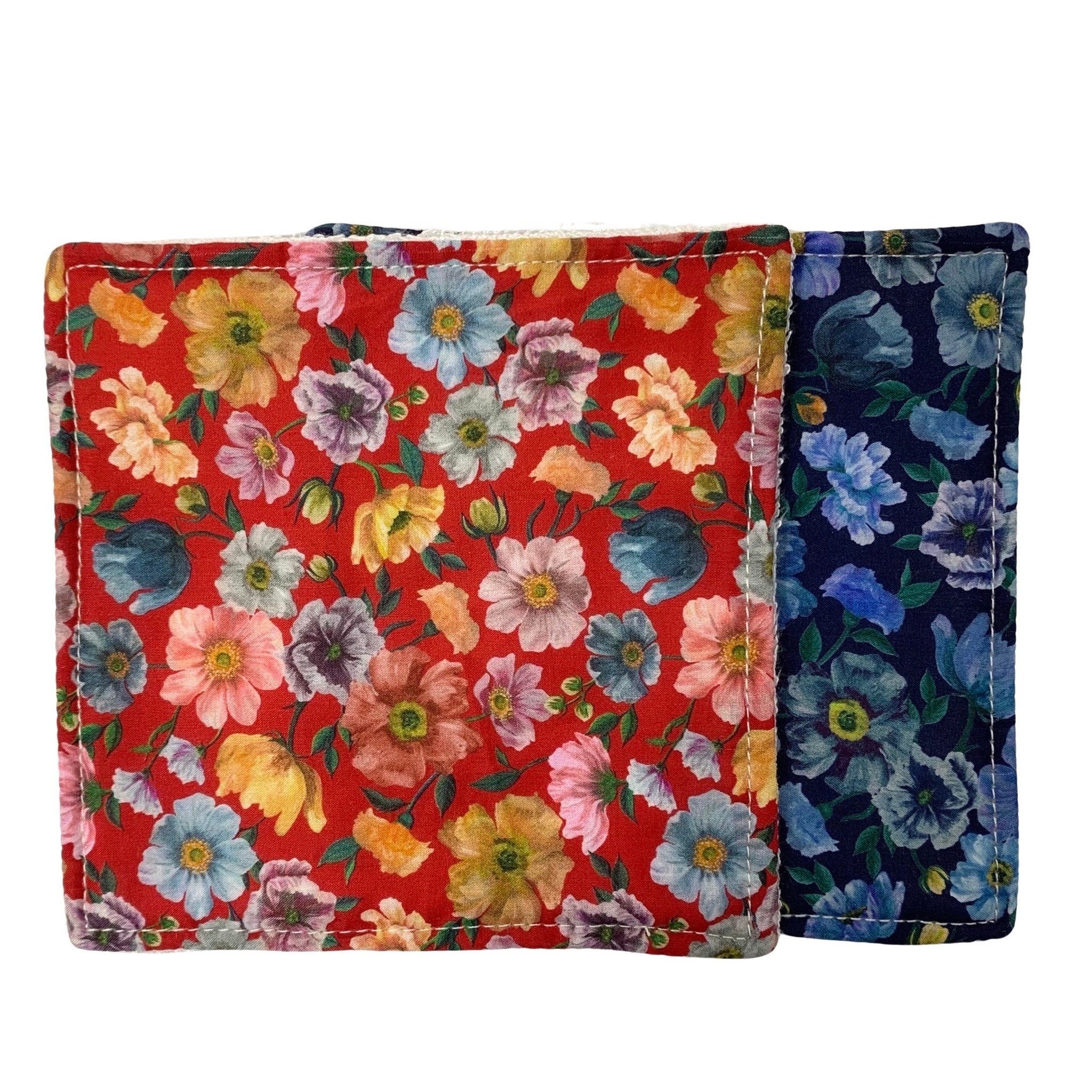 Floral fabric coasters, red and navy blue floral pattern, square shape with white stitching