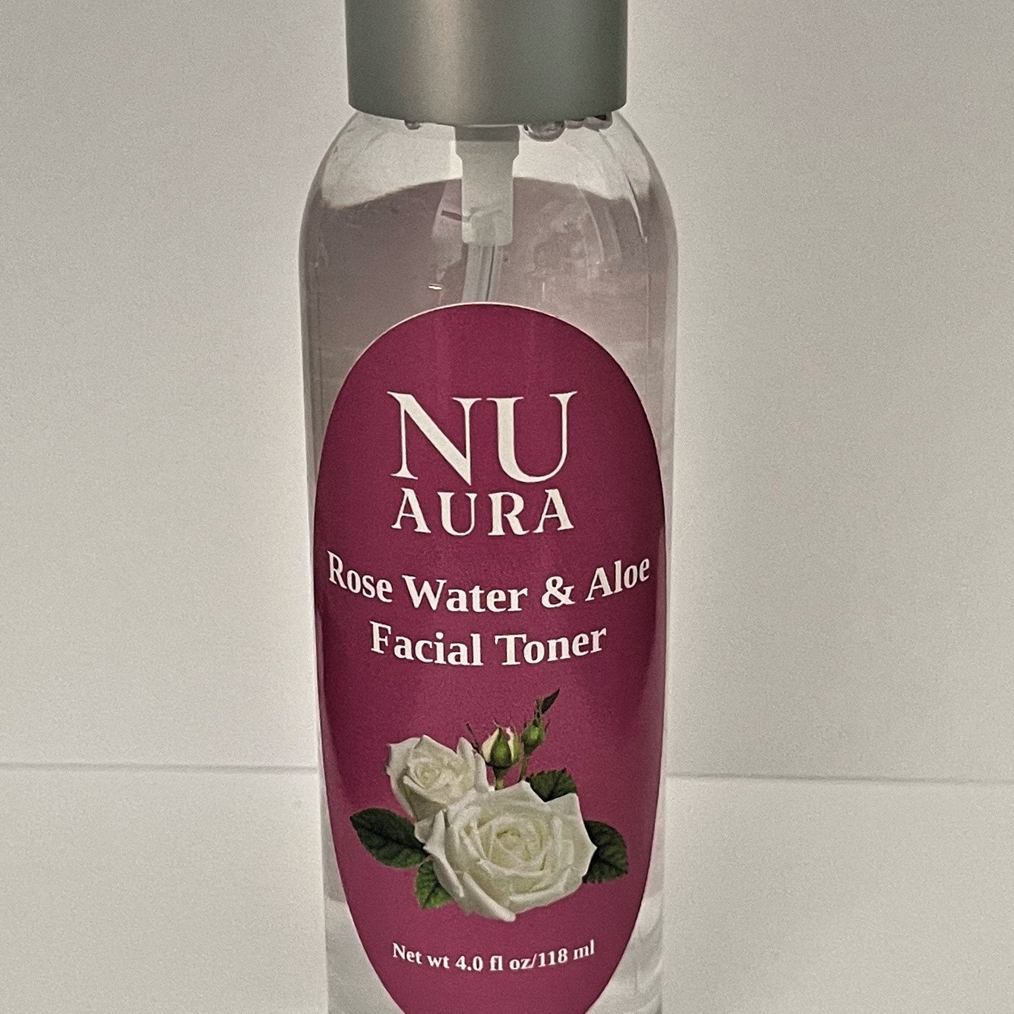 Facial toner bottle with clear glass, pink label, and NU AURA branding