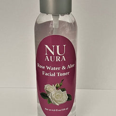 Facial toner bottle with clear glass, pink label, and NU AURA branding