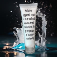 Side angle of white Polymorph Formula cream tube with blue accents, showcasing textured grip and nozzle detail