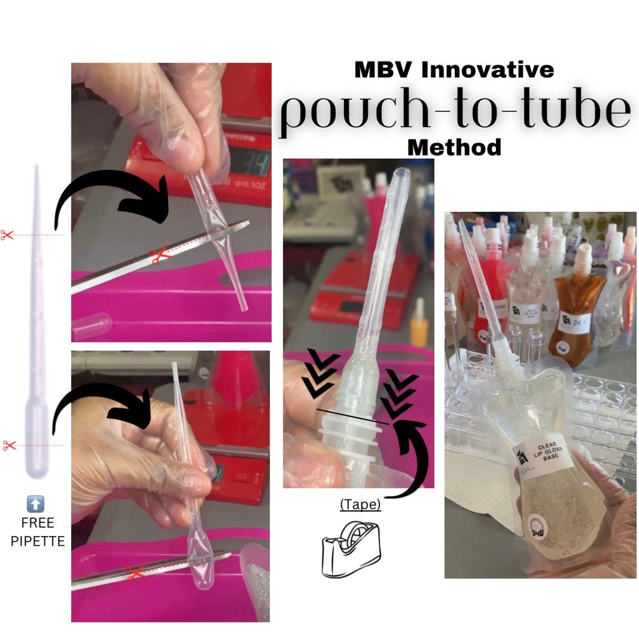 Pipette with clear plastic, transparent tip, and red scissors graphic for cutting