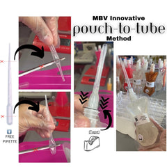 Pipette with clear plastic, transparent tip, and red scissors graphic for cutting