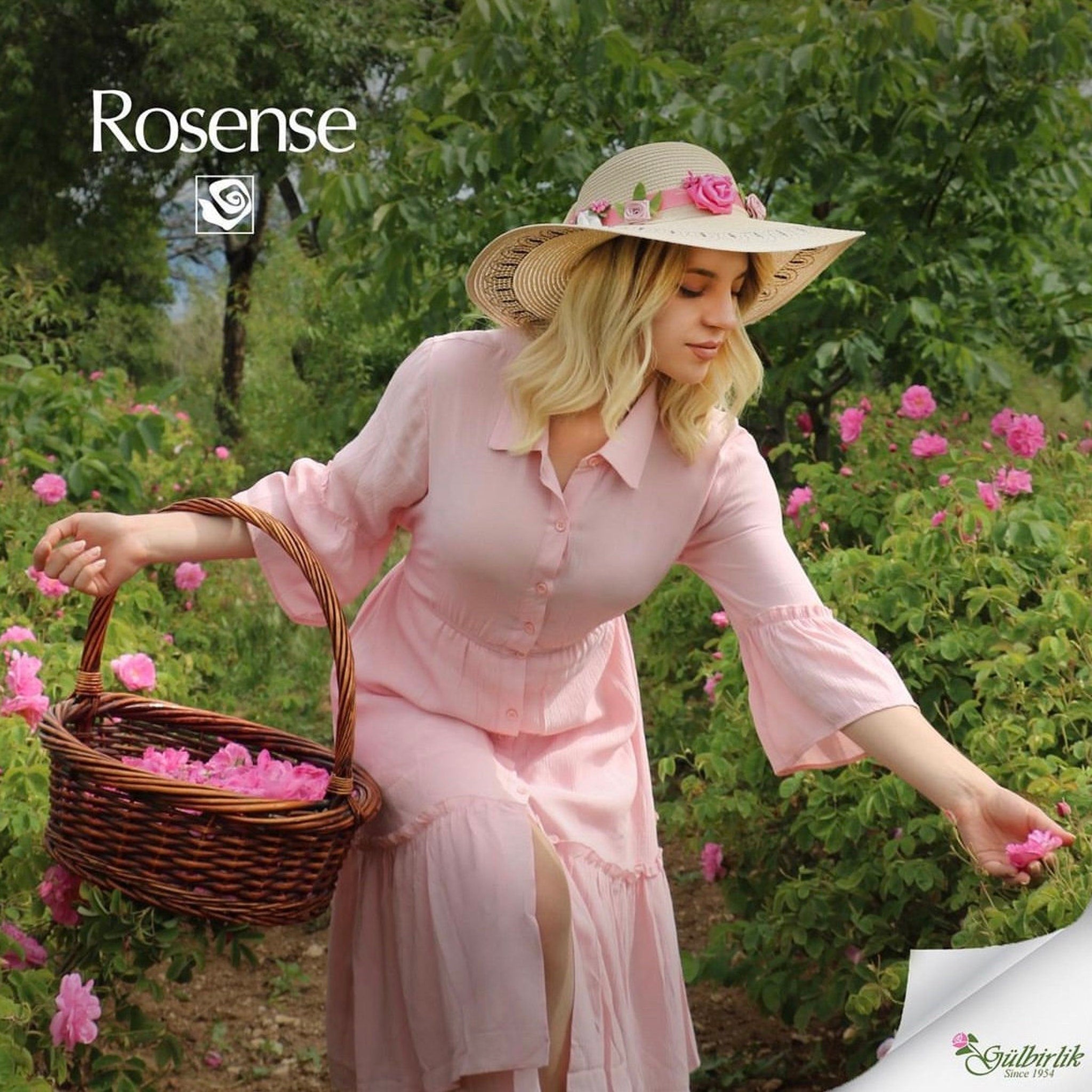 Pink dress with button-up style, straw hat with floral accents, and woven basket in a garden setting Rosesense brand visible