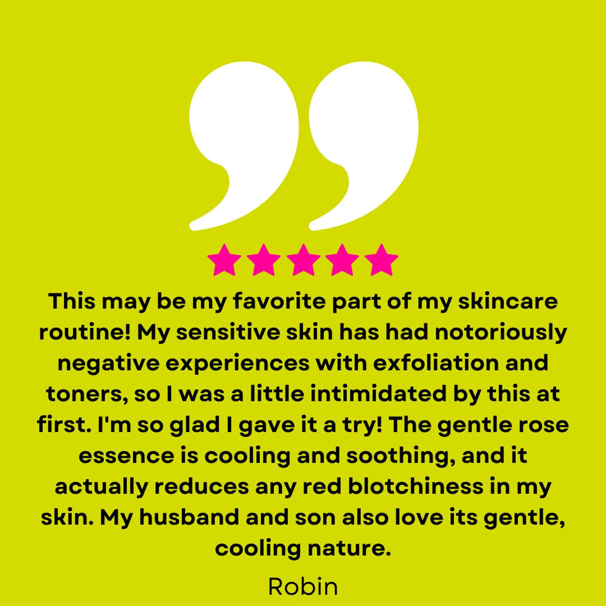 Customer review with white quotation marks and pink star rating on yellow background