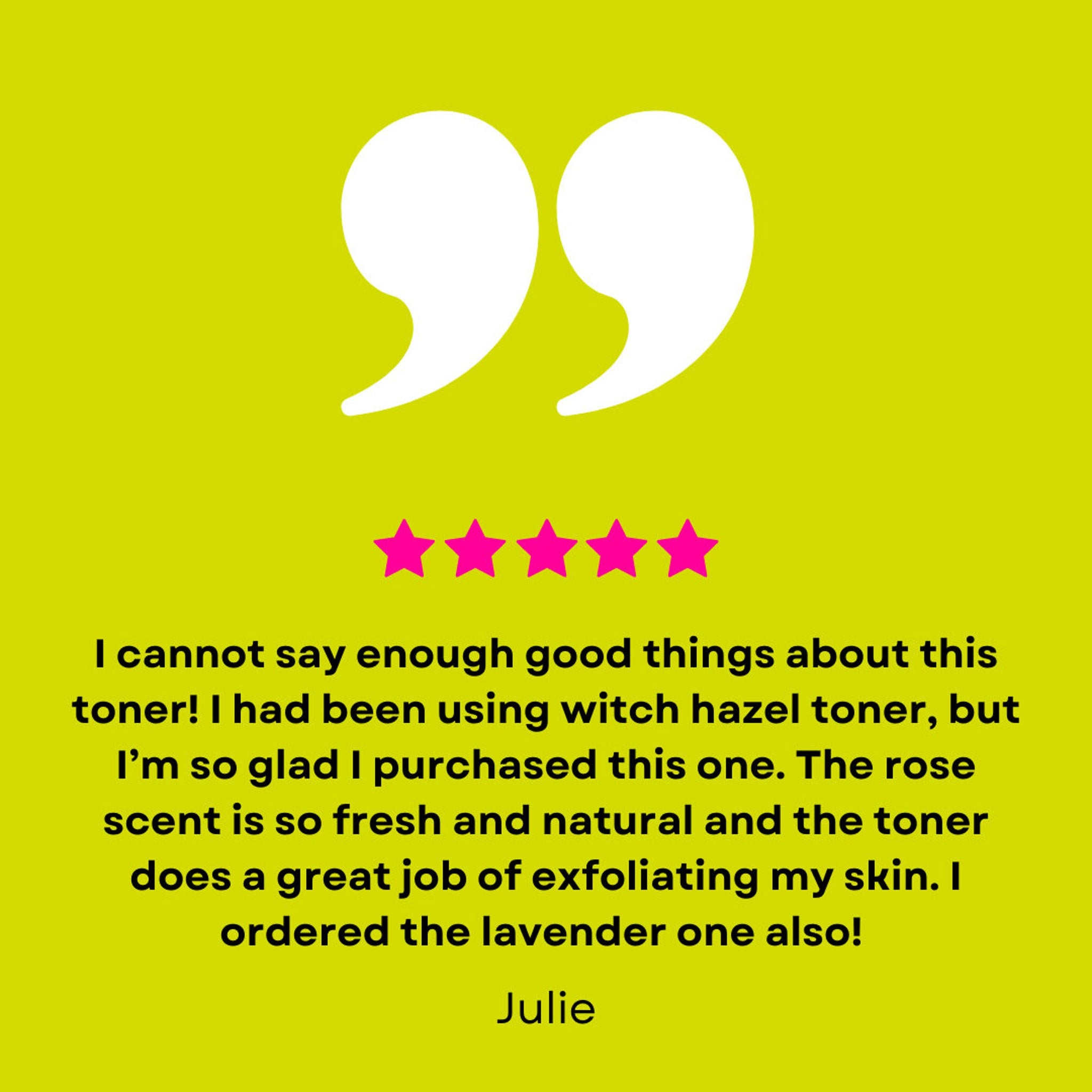 Customer review graphic with white quote bubbles, pink stars, and yellow background with text