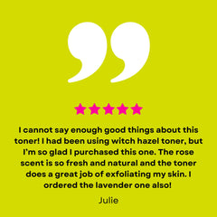 Customer review graphic with white quote bubbles, pink stars, and yellow background with text