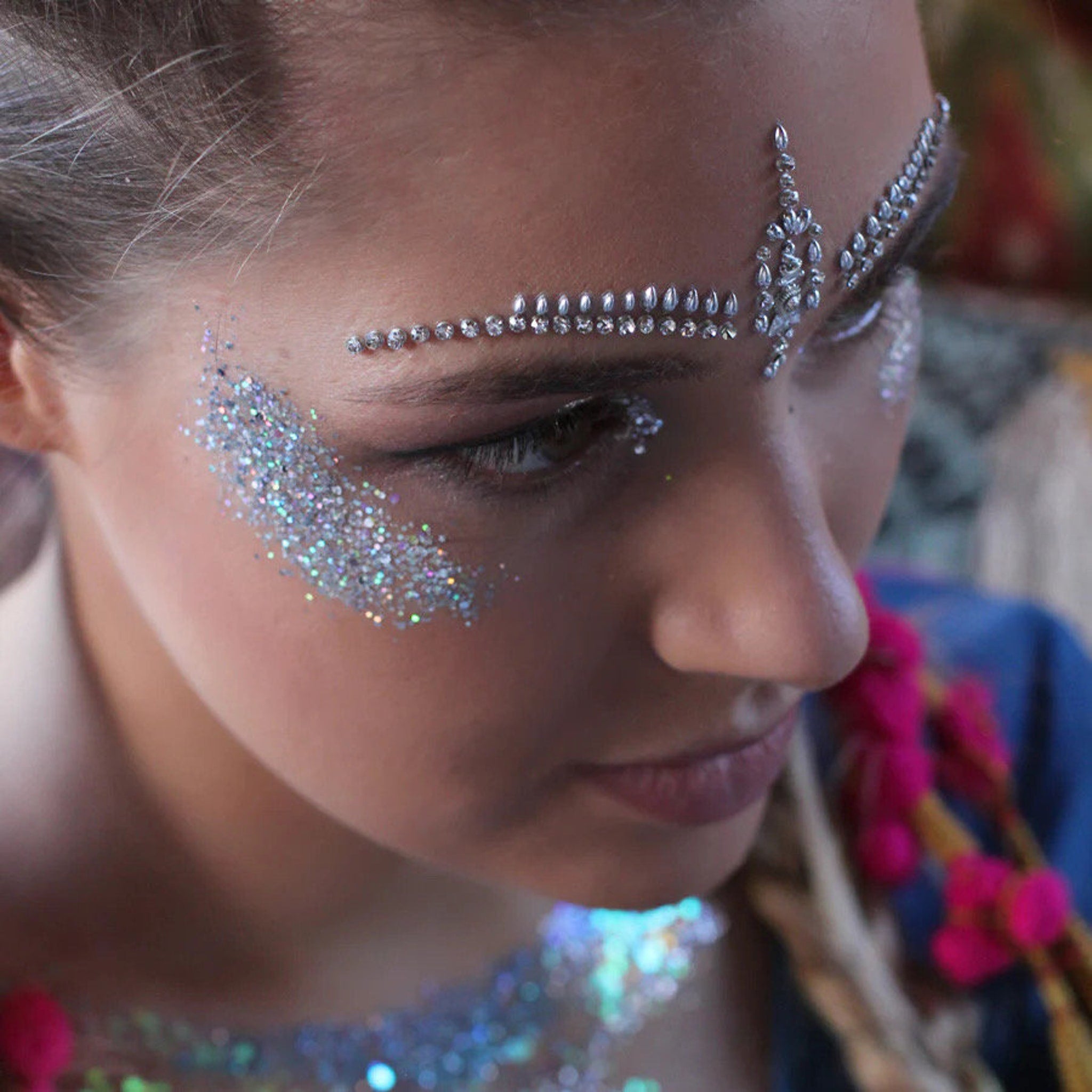 Face glitter and crystal headpiece, silver glitter and crystal embellishments, for festive makeup