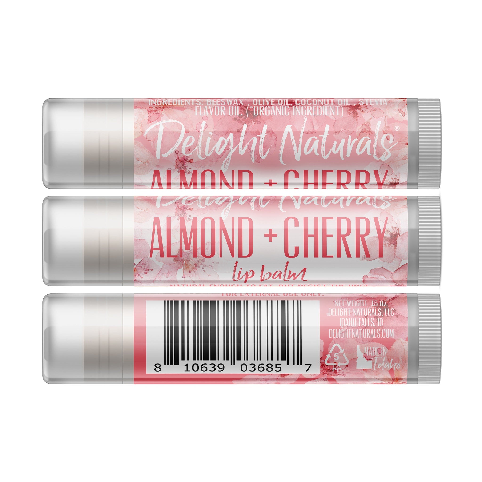 Lip balm tubes with pink floral pattern, Delight Naturals Almond + Cherry text, and white tube base