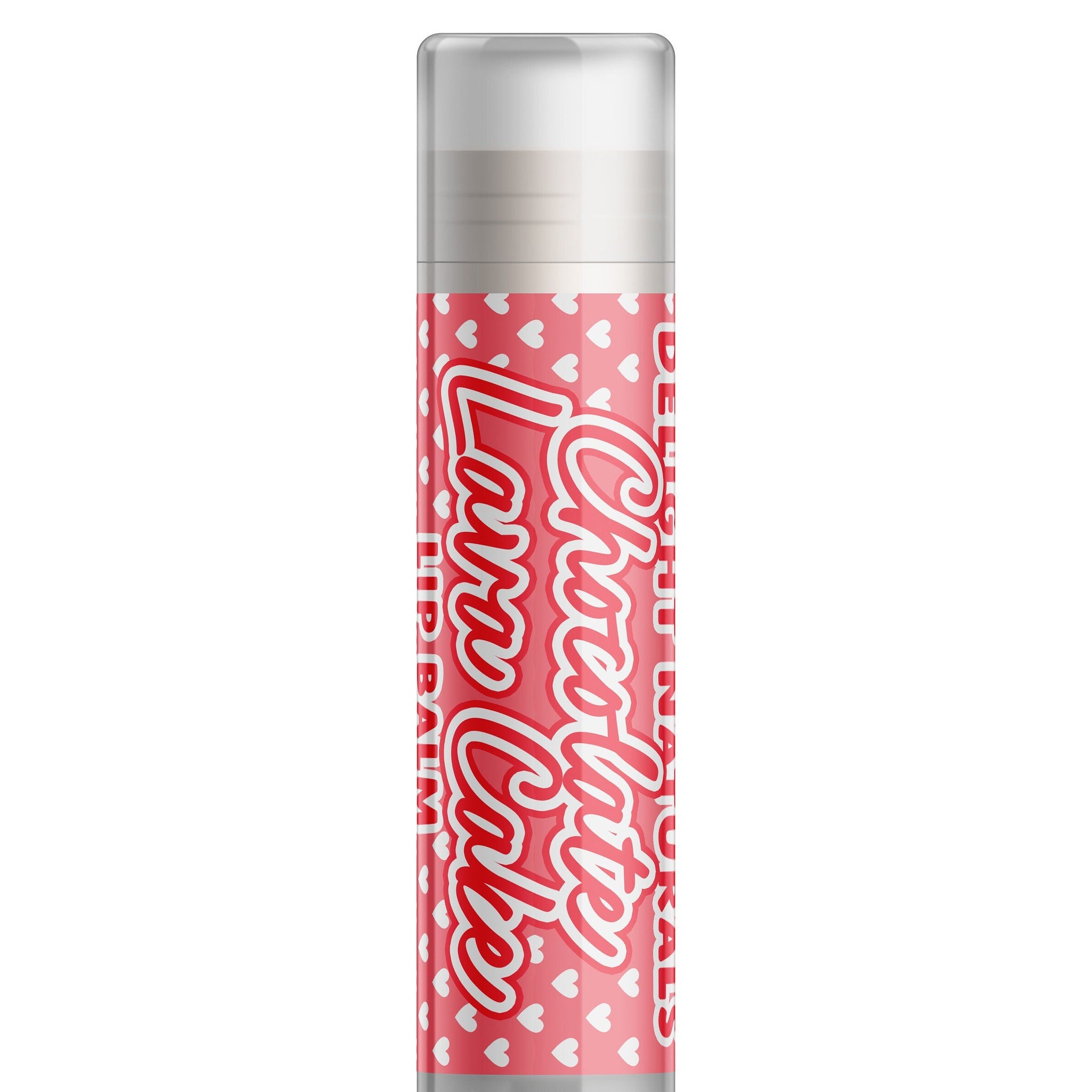 Lip balm tube with red and white heart pattern, Delight Naturals Chocolate Lava Cake text