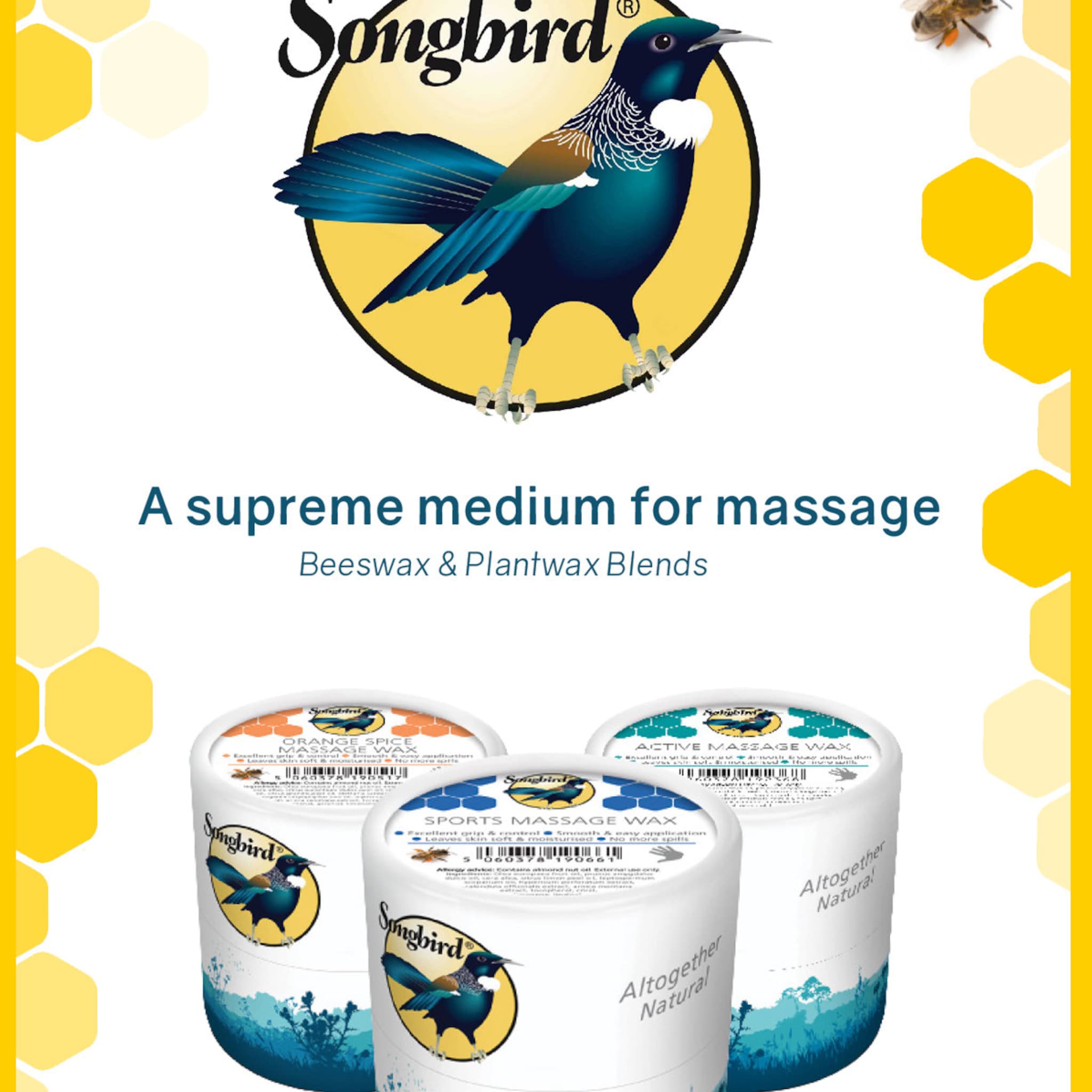 Songbird massage wax tubs, white with blue and orange accents, Songbird logo visible